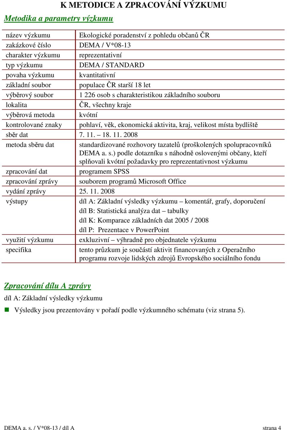 kontrolované znaky pohlaví, věk, ekonomická aktivita, kraj, velikost místa bydliště sběr dat 7. 11. 18. 11. 2008 metoda sběru dat standardizované rozhovory tazatelů (proškolených spolupracovníků DEMA a.