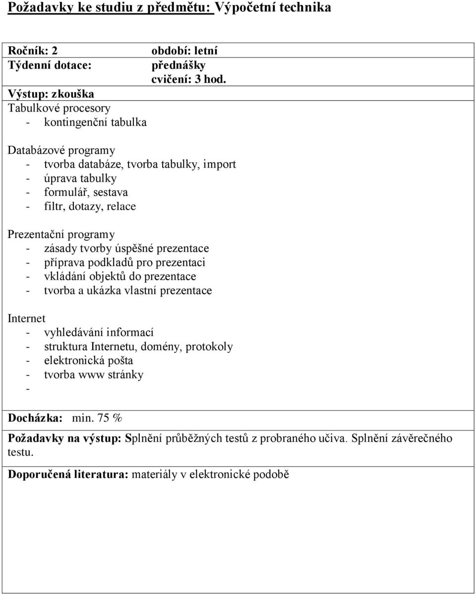 prezentace - příprava podkladů pro prezentaci - vkládání objektů do prezentace - tvorba a ukázka vlastní prezentace Internet - vyhledávání informací - struktura Internetu,