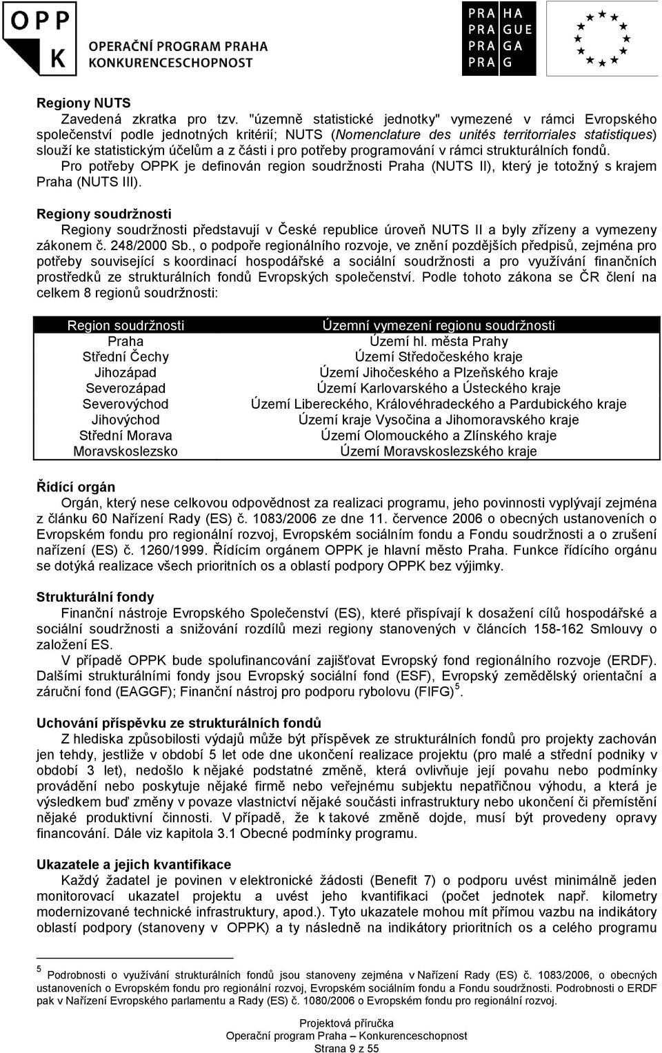 pro potřeby programování v rámci strukturálních fondů. Pro potřeby OPPK je definován region soudržnosti Praha (NUTS II), který je totožný s krajem Praha (NUTS III).