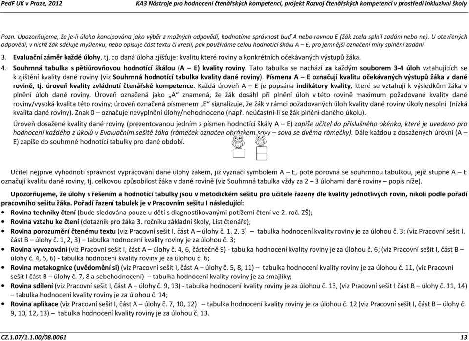 Evaluační záměr každé úlohy, tj. co daná úloha zjišťuje: kvalitu které roviny a konkrétních očekávaných výstupů žáka. 4. Souhrnná tabulka s pětiúrovňovou hodnotící škálou (A E) kvality roviny.