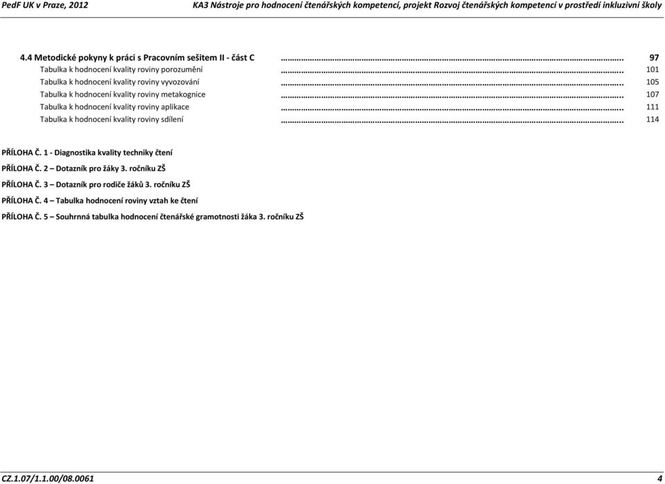 .. 111 Tabulka k hodnocení kvality roviny sdílení... 114 PŘÍLOHA Č. 1 - Diagnostika kvality techniky čtení PŘÍLOHA Č. 2 Dotazník pro žáky 3.