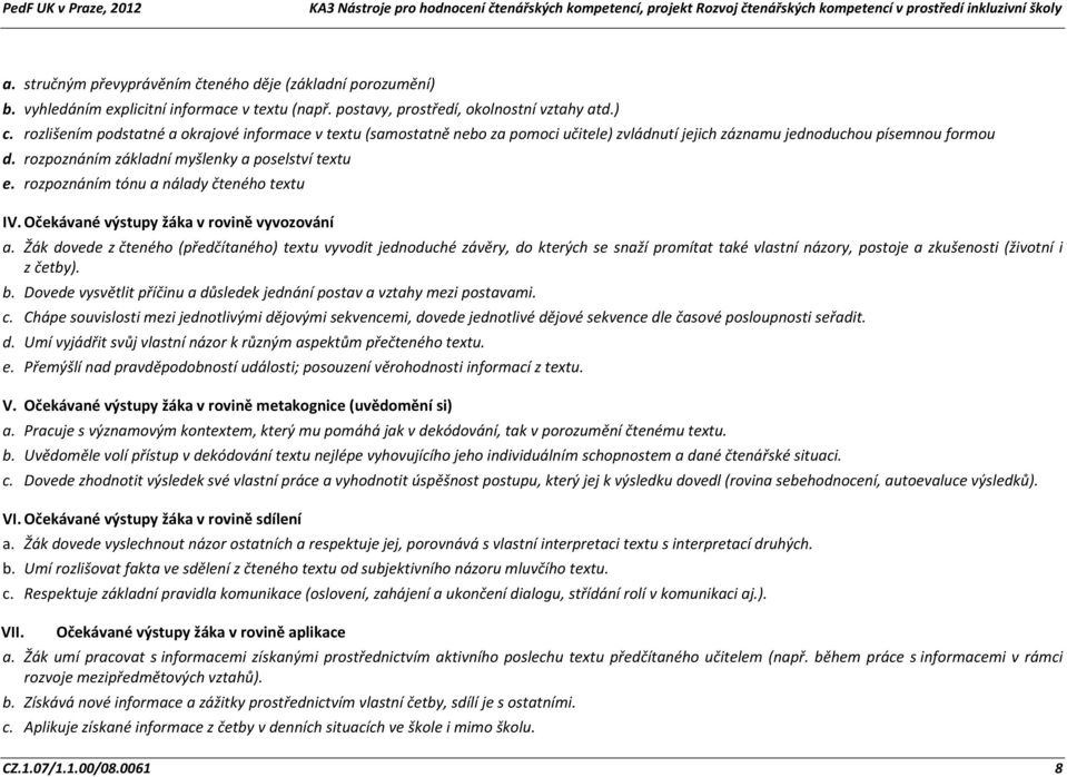 rozpoznáním tónu a nálady čteného textu IV. Očekávané výstupy žáka v rovině vyvozování a.