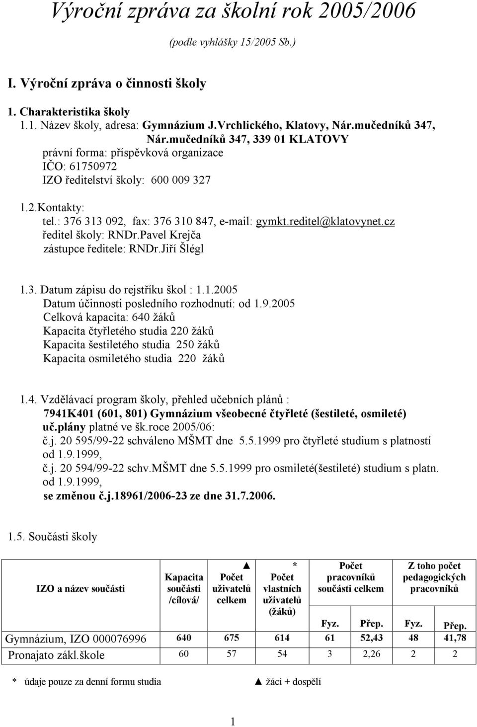 reditel@klatovynet.cz ředitel školy: RNDr.Pavel Krejča zástupce ředitele: RNDr.Jiří Šlégl 1.3. Datum zápisu do rejstříku škol : 1.1.2005 Datum účinnosti posledního rozhodnutí: od 1.9.