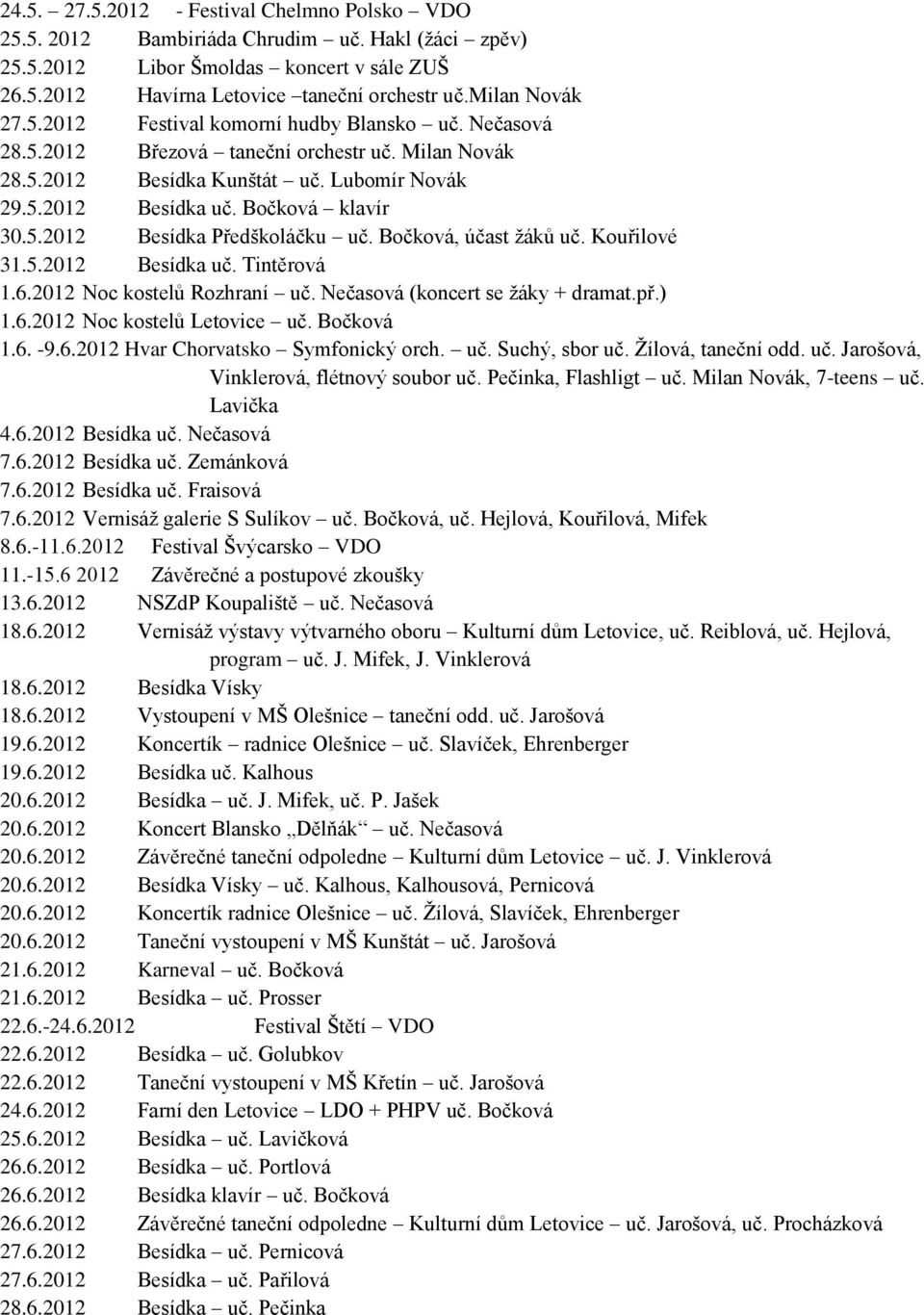 Bočková klavír 30.5.2012 Besídka Předškoláčku uč. Bočková, účast žáků uč. Kouřilové 31.5.2012 Besídka uč. Tintěrová 1.6.2012 Noc kostelů Rozhraní uč. Nečasová (koncert se žáky + dramat.př.) 1.6.2012 Noc kostelů Letovice uč.