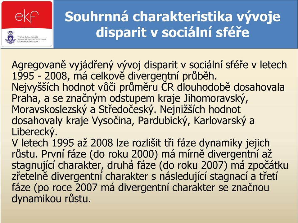 Nejnižších hodnot dosahovaly kraje Vysočina, Pardubický, Karlovarský a Liberecký. V letech 1995 až 2008 lze rozlišit tři fáze dynamiky jejich růstu.