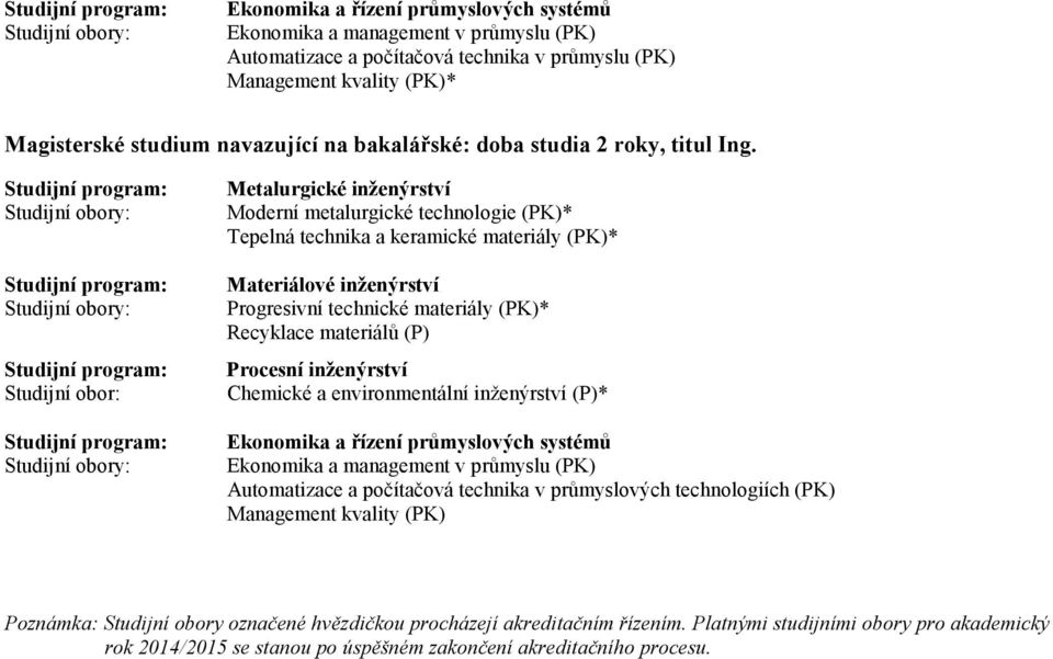 Chemické a environmentální inženýrství (P)* Ekonomika a řízení průmyslových systémů Ekonomika a management v průmyslu (PK) Automatizace a počítačová technika v průmyslových technologiích (PK)