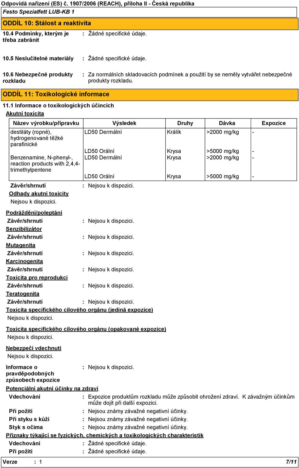 1 Informace o toxikologických účincích Akutní toxicita Název výrobku/přípravku Výsledek Druhy Dávka Expozice destiláty (ropné), hydrogenované těžké parafinické Benzenamine, Nphenyl, reaction products