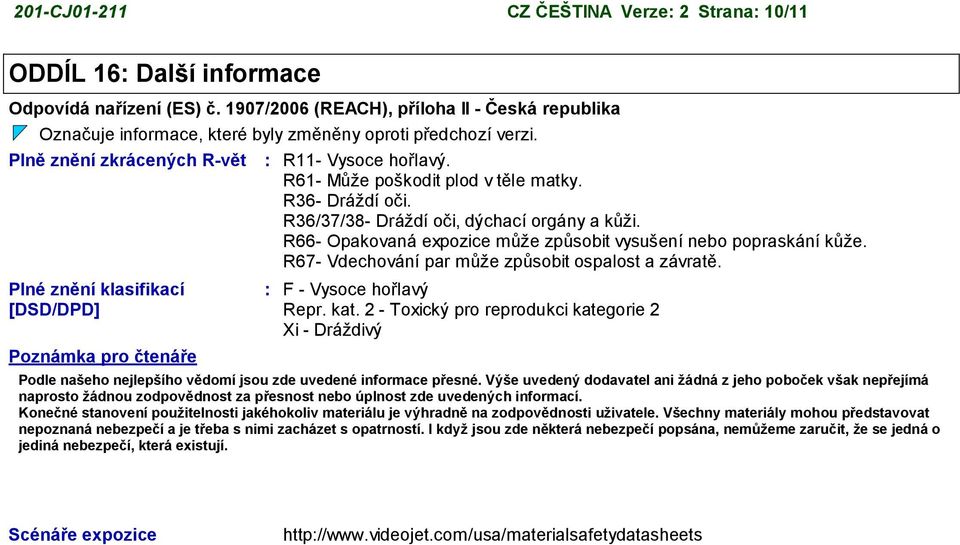 Plně znění zkrácených R-vět Plné znění klasifikací [DSD/DPD] Poznámka pro čtenáře R11- Vysoce hořlavý. R61- Může poškodit plod v těle matky. R36- Dráždí oči.