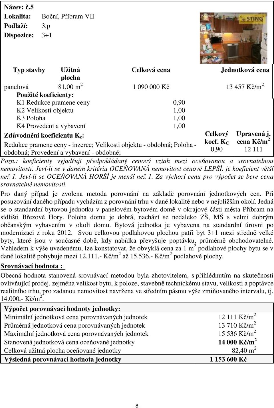 Poloha 1,00 K4 Provedení a vybavení 1,00 Zdůvodnění koeficientu K c : Redukce pramene ceny - inzerce; Velikosti objektu - obdobná; Poloha - obdobná; Provedení a vybavení - obdobné; Celkový koef.