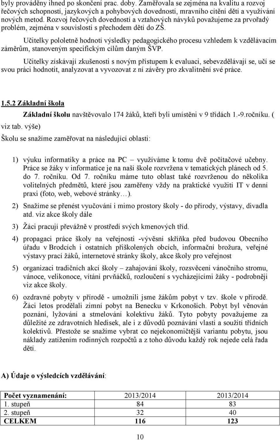 Učitelky pololetně hodnotí výsledky pedagogického procesu vzhledem k vzdělávacím záměrům, stanoveným specifickým cílům daným ŠVP.