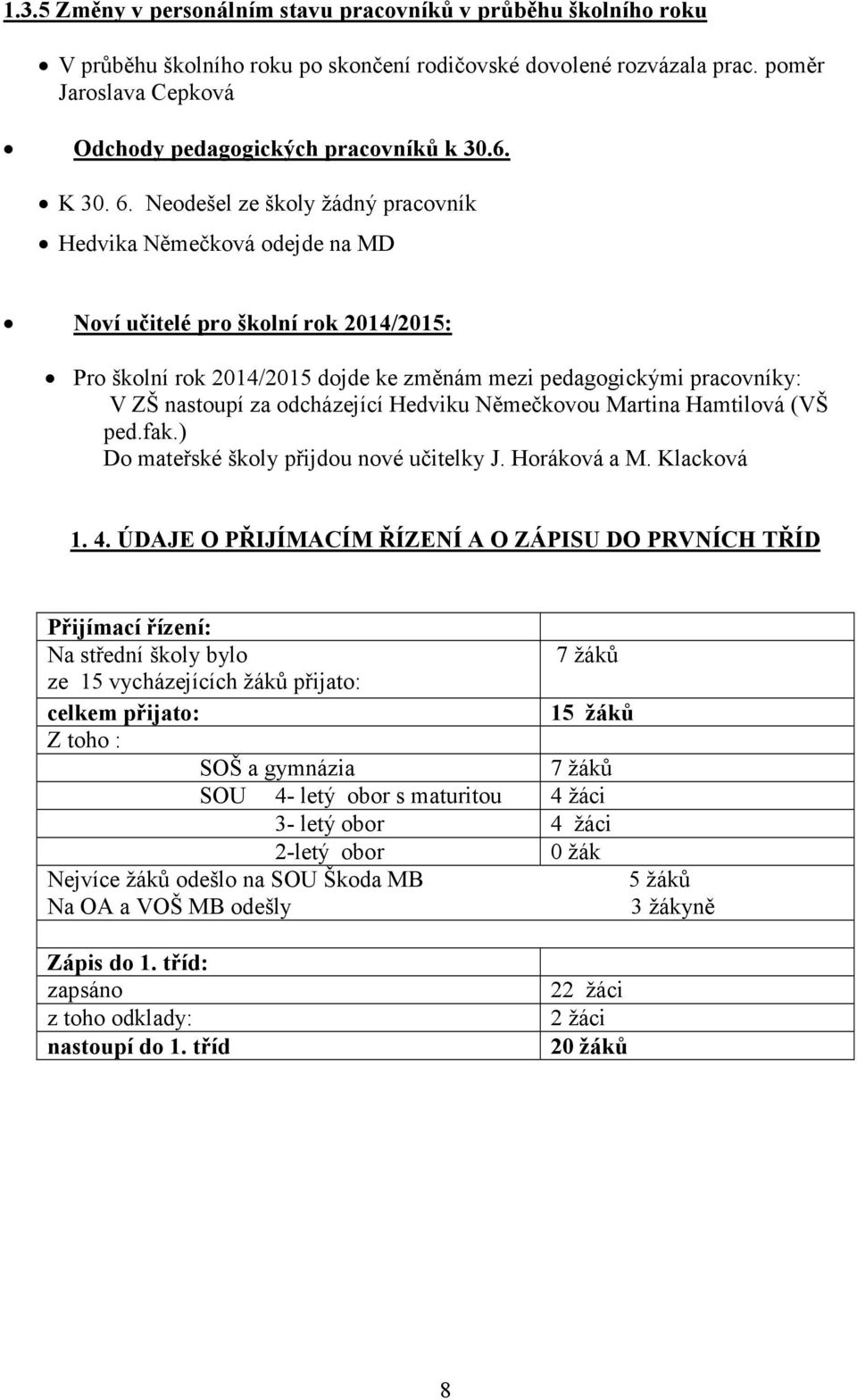 Neodešel ze školy žádný pracovník Hedvika Němečková odejde na MD Noví učitelé pro školní rok 2014/2015: Pro školní rok 2014/2015 dojde ke změnám mezi pedagogickými pracovníky: V ZŠ nastoupí za