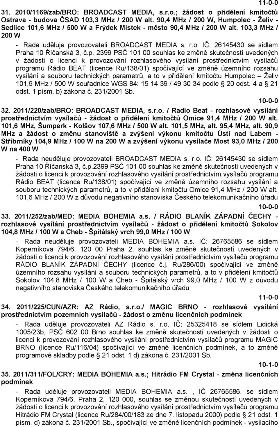 p. 2399 PSČ 101 00 souhlas ke změně skutečností uvedených v ţádosti o licenci k provozování rozhlasového vysílání prostřednictvím vysílačů programu Rádio BEAT (licence Ru/138/01) spočívající ve změně