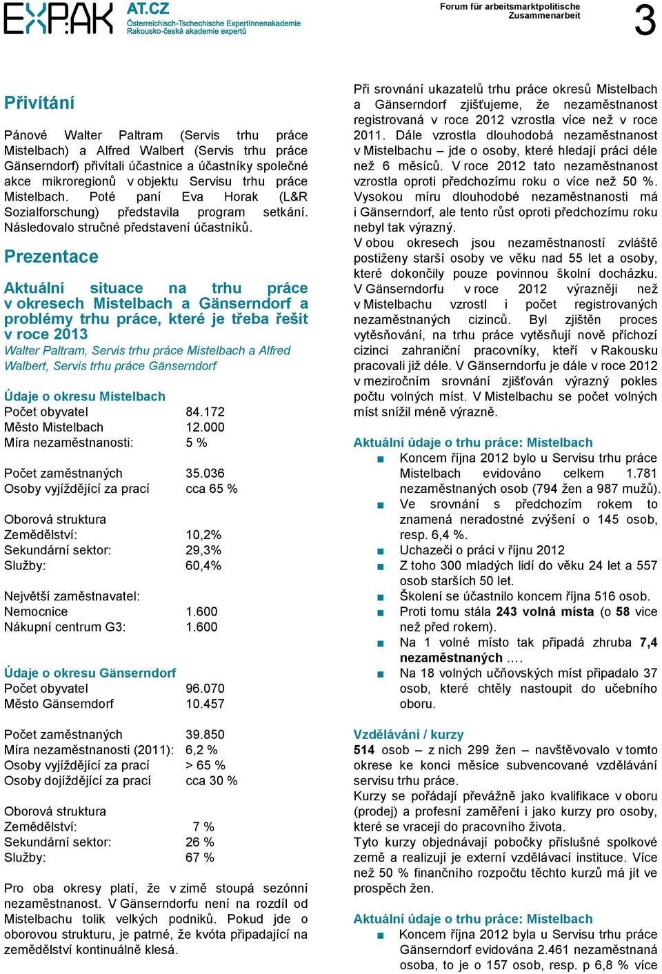 Prezentace Aktuální situace na trhu práce v okresech Mistelbach a Gänserndorf a problémy trhu práce, které je třeba řešit v roce 2013 Walter Paltram, Servis trhu práce Mistelbach a Alfred Walbert,