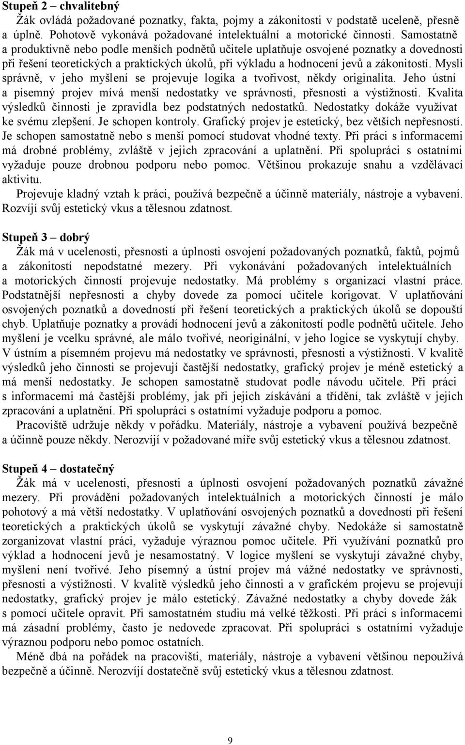 Myslí správně, v jeho myšlení se projevuje logika a tvořivost, někdy originalita. Jeho ústní a písemný projev mívá menší nedostatky ve správnosti, přesnosti a výstižnosti.