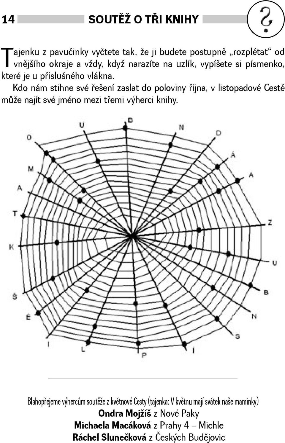 Kdo nám stihne své øeení zaslat do poloviny øíjna, v listopadové Cestì mùe najít své jméno mezi tøemi výherci knihy.