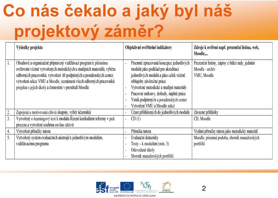 center, vytvoření sekce VMU a Moodle, seznámení všech odborných pracovníků projektu s jejich úkoly a činnostmi v prostředí Moodle - Písemně zpracovaná koncepce jednotlivých modulů jako podklad pro