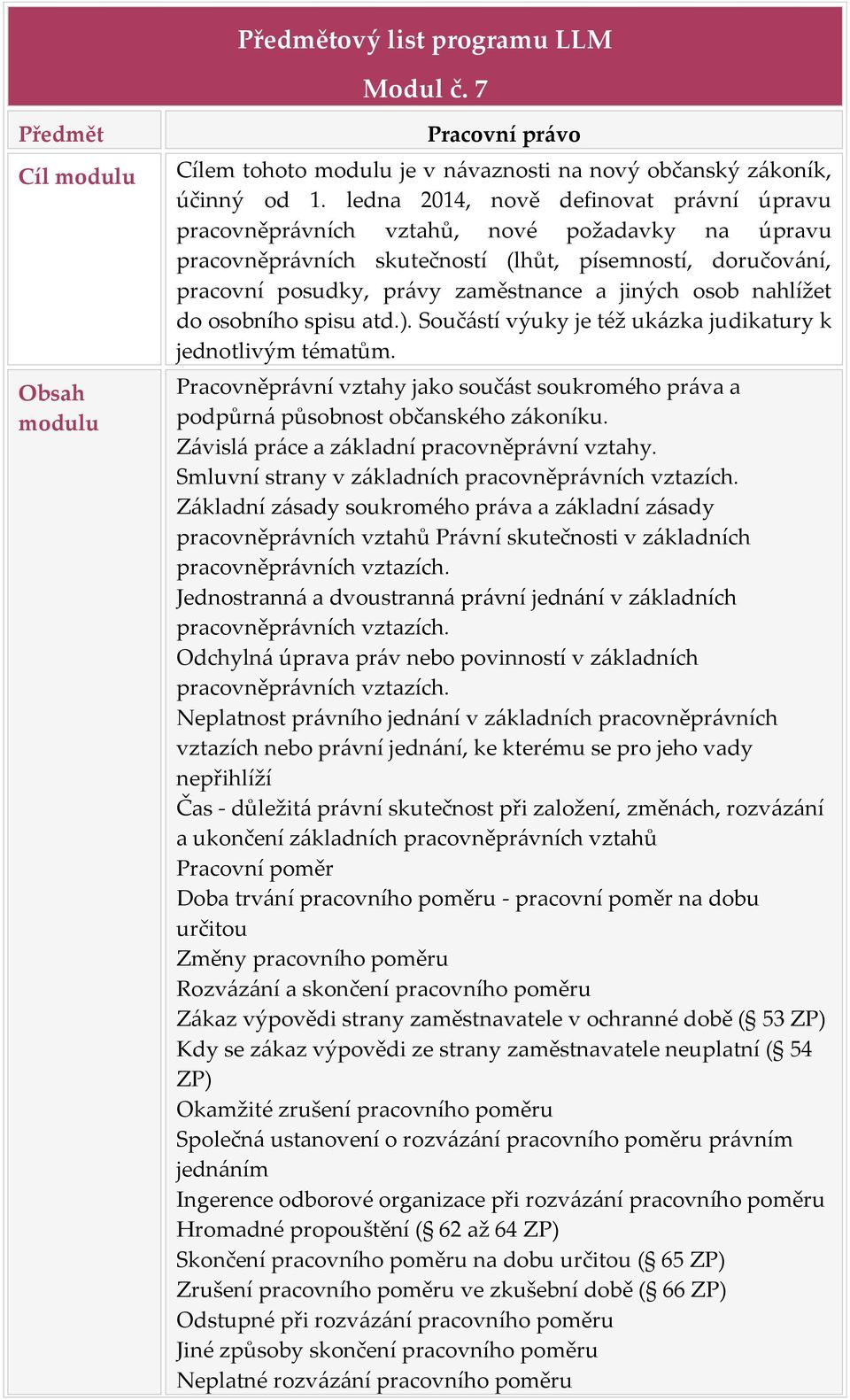 osob nahlížet do osobního spisu atd.). Součástí výuky je též ukázka judikatury k jednotlivým tématům. Pracovněprávní vztahy jako součást soukromého práva a podpůrná působnost občanského zákoníku.