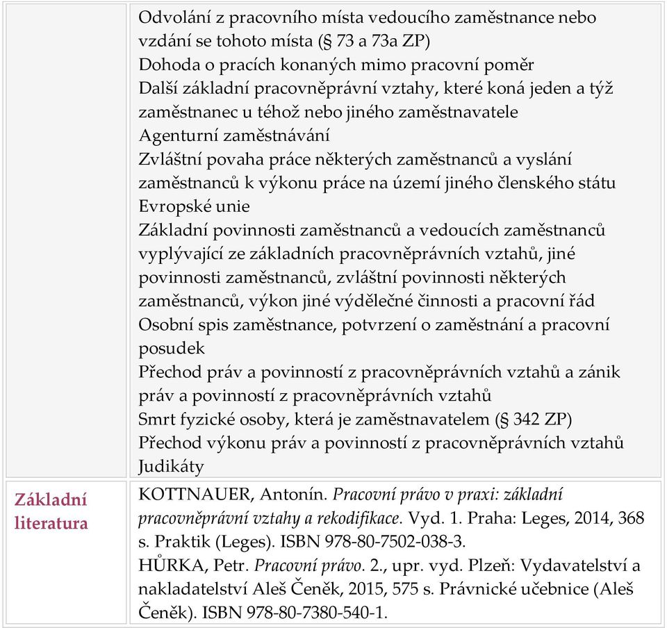 povinnosti zaměstnanců a vedoucích zaměstnanců vyplývající ze základních pracovněprávních vztahů, jiné povinnosti zaměstnanců, zvláštní povinnosti některých zaměstnanců, výkon jiné výdělečné činnosti