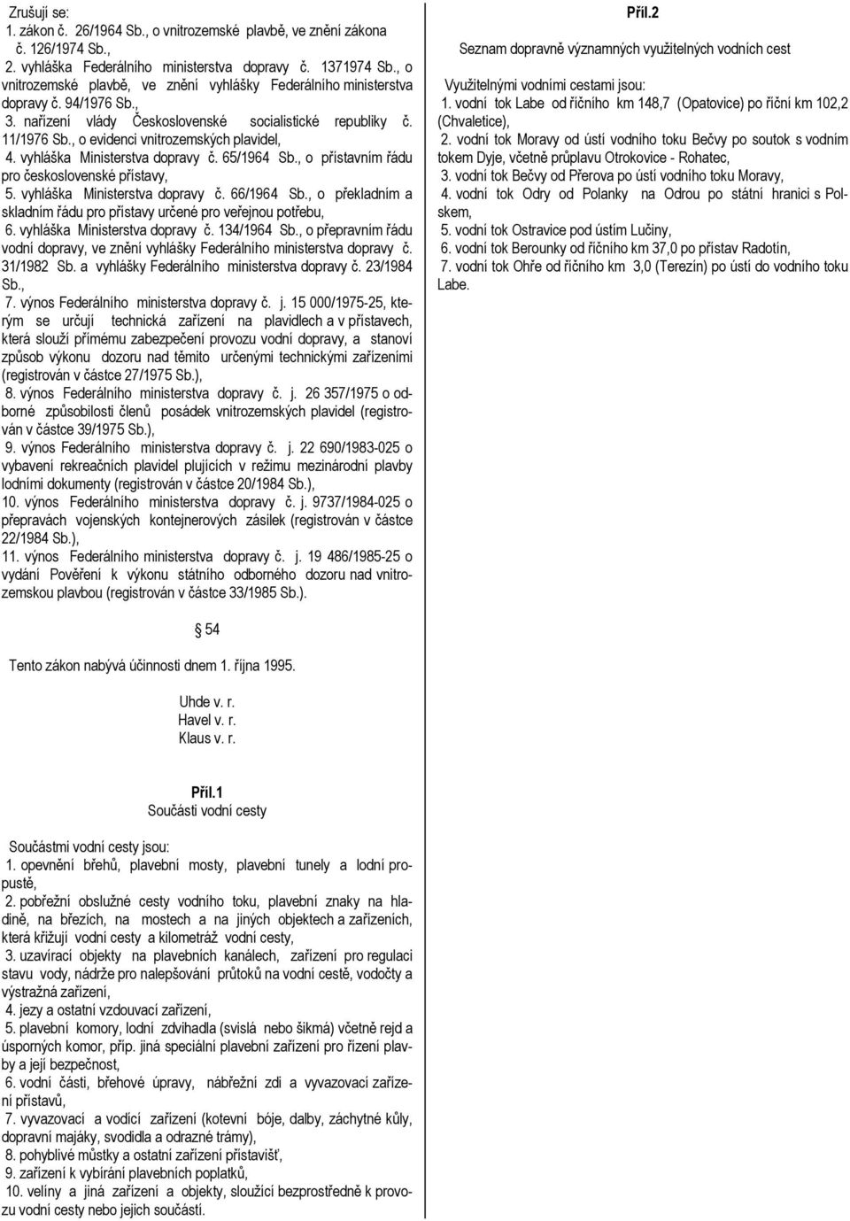 , o evidenci vnitrozemských plavidel, 4. vyhláška Ministerstva dopravy č. 65/1964 Sb., o přístavním řádu pro československé přístavy, 5. vyhláška Ministerstva dopravy č. 66/1964 Sb.