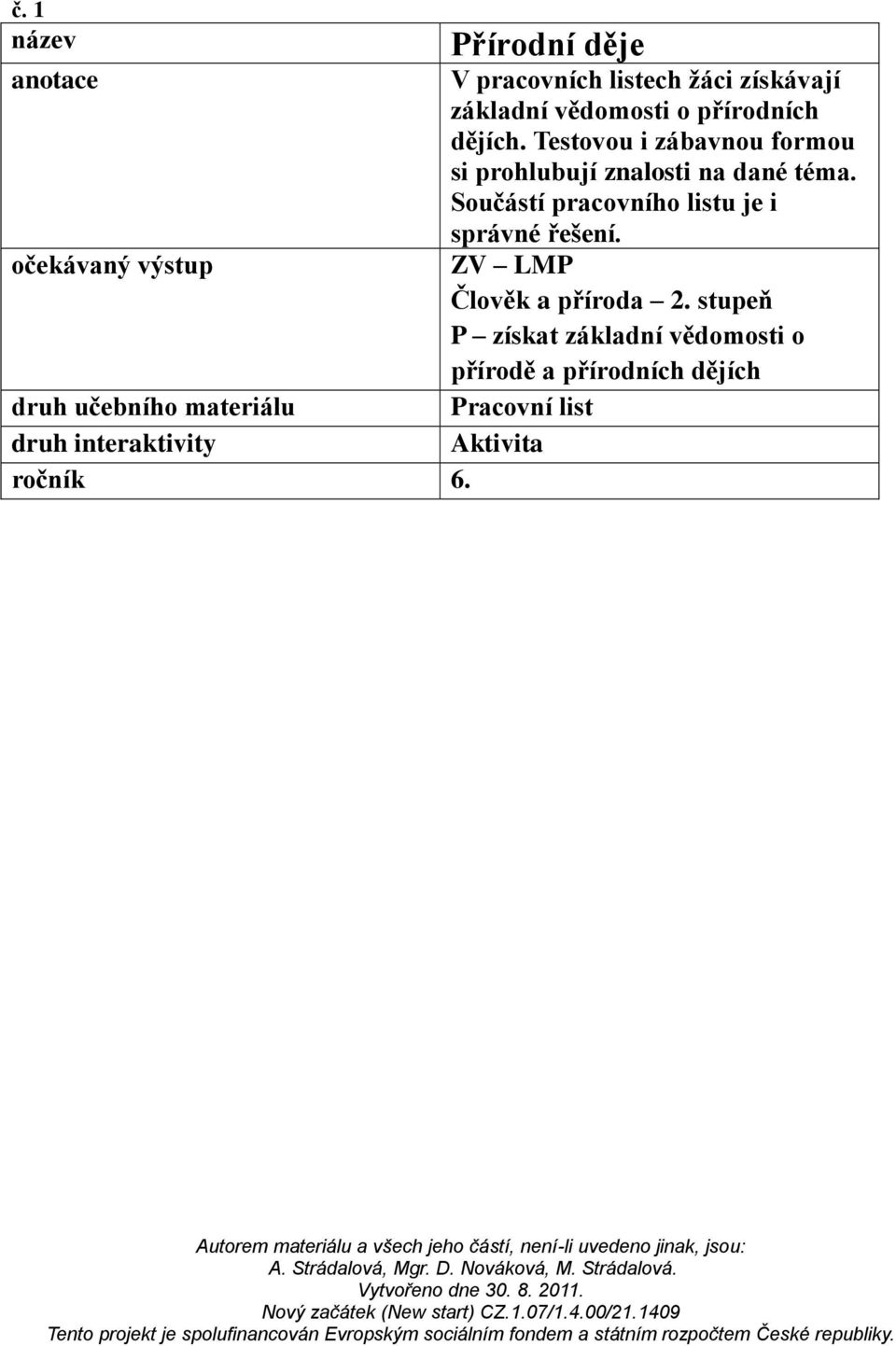 Součástí pracovního listu je i správné řešení. očekávaný výstup ZV LMP Člověk a příroda 2.