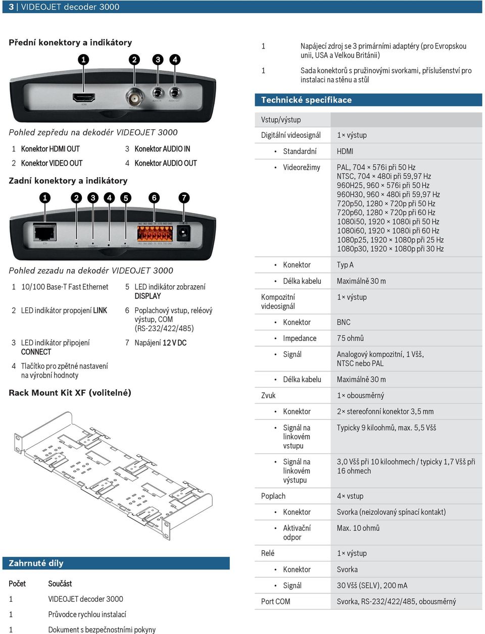 Pohled zezad na dekodér VIDEOJET 3000 1 10/100 Base-T Fast Ethernet 5 LED indikátor zobrazení DISPLAY 2 LED indikátor propojení LINK 6 Poplachový vstp, reléový výstp, COM (RS-232/422/485) 3 LED