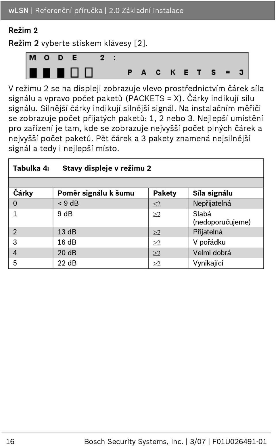 Na instalačním měřiči se zobrazuje počet přijatých paketů: 1, 2 nebo 3. Nejlepší umístění pro zařízení je tam, kde se zobrazuje nejvyšší počet plných čárek a nejvyšší počet paketů.