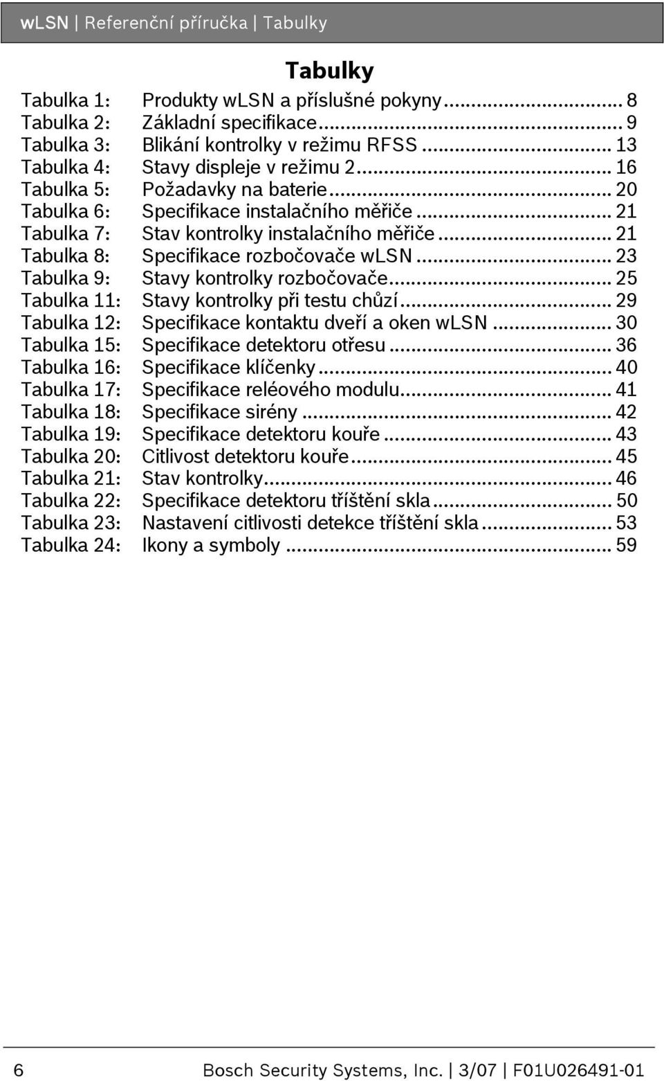 .. 21 Tabulka 8: Specifikace rozbočovače wlsn... 23 Tabulka 9: Stavy kontrolky rozbočovače... 25 Tabulka 11: Stavy kontrolky při testu chůzí... 29 Tabulka 12: Specifikace kontaktu dveří a oken wlsn.