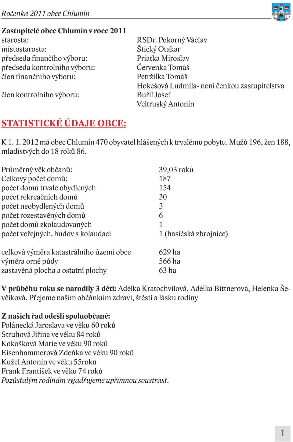 1. 2012 má obec Chlumín 470 obyvatel hlášených k trvalému pobytu. Mužů 196, žen 188, mladistvých do 18 roků 86.