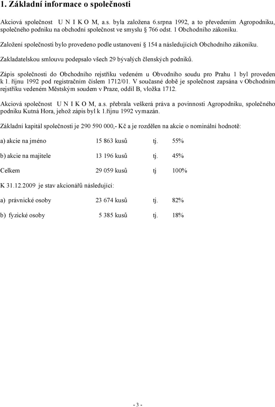 Zápis společnosti do Obchodního rejstříku vedeném u Obvodního soudu pro Prahu 1 byl proveden k 1. říjnu 1992 pod registračním číslem 1712/01.