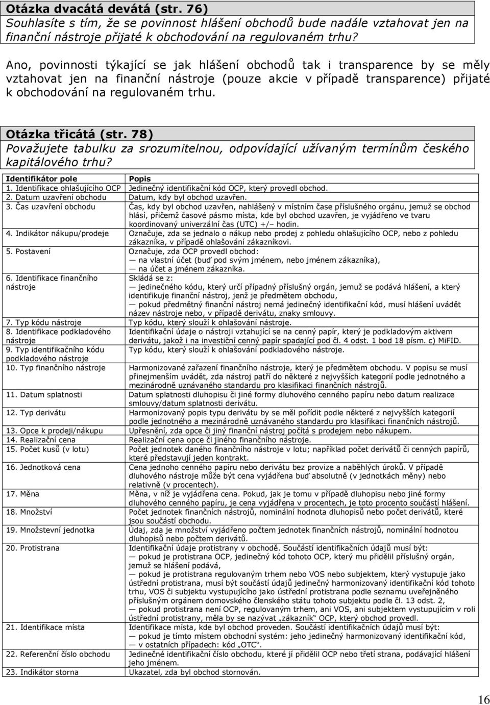 Otázka třicátá (str. 78) Považujete tabulku za srozumitelnou, odpovídající užívaným termínům českého kapitálového trhu? Identifikátor pole Popis 1.