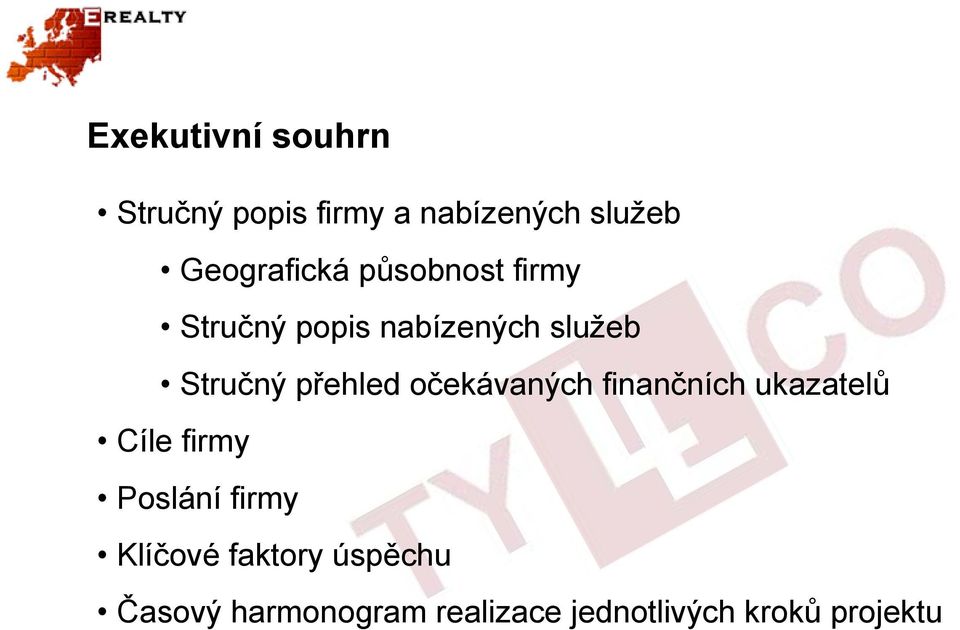 přehled očekávaných finančních ukazatelů Cíle firmy Poslání firmy