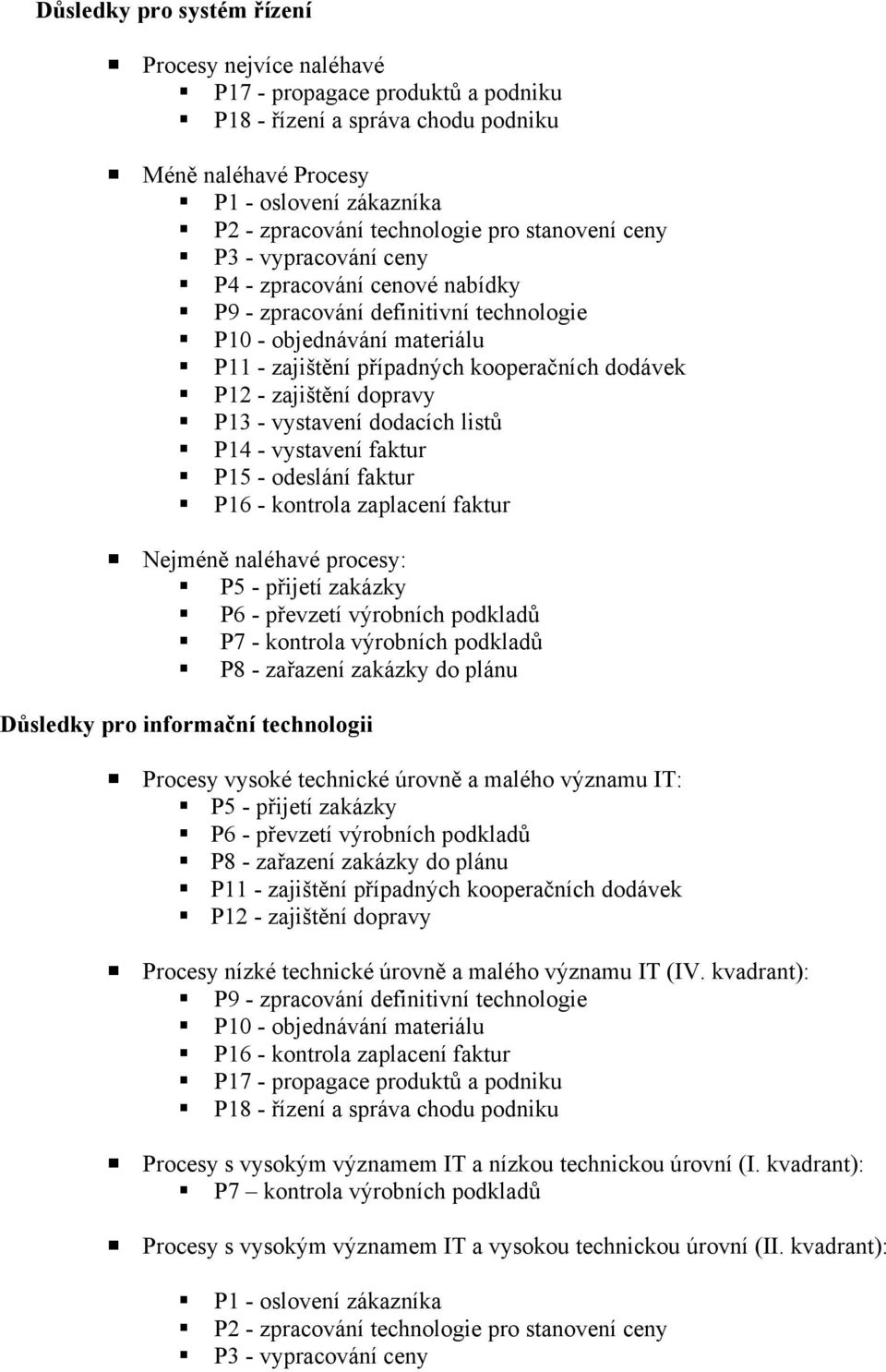 zajištění dopravy P13 - vystavení dodacích listů P14 - vystavení faktur P15 - odeslání faktur P16 - kontrola zaplacení faktur Nejméně naléhavé procesy: P5 - přijetí zakázky P6 - převzetí výrobních