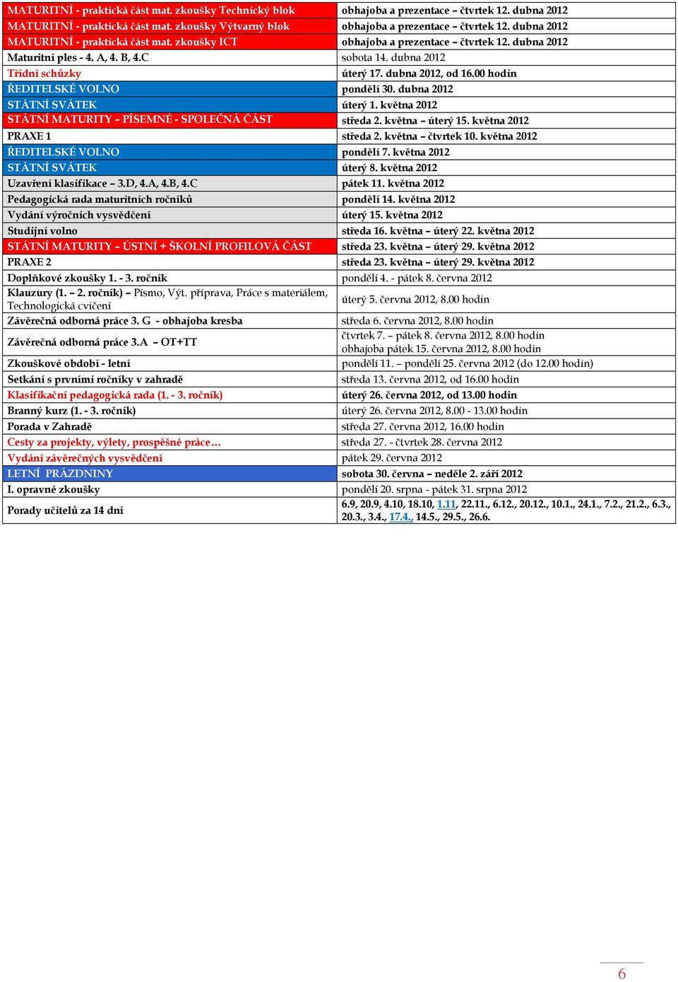 00 hodin ŘEDITELSKÉ VOLNO pondělí 30. dubna 2012 STÁTNÍ SVÁTEK úterý 1. května 2012 STÁTNÍ MATURITY PÍSEMNÉ - SPOLEČNÁ ČÁST středa 2. května úterý 15. května 2012 PRAXE 1 středa 2. května čtvrtek 10.