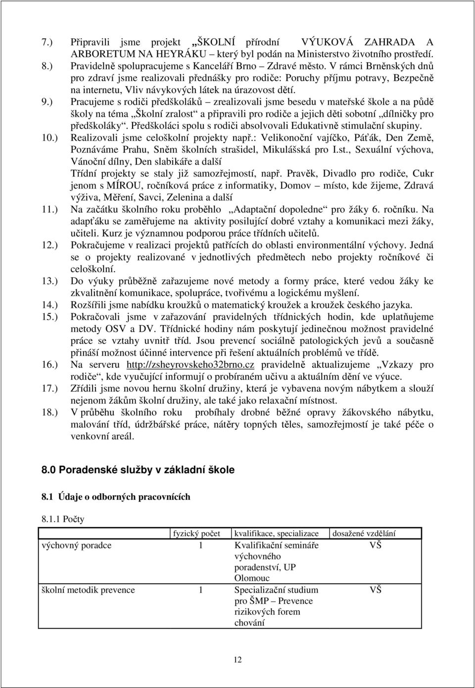 ) Pracujeme s rodiči předškoláků zrealizovali jsme besedu v mateřské škole a na půdě školy na téma Školní zralost a připravili pro rodiče a jejich děti sobotní dílničky pro předškoláky.