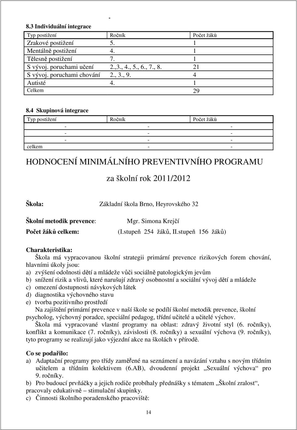 4 Skupinová integrace Typ postižení Ročník Počet žáků - - - - - - - - - celkem - - HODNOCENÍ MINIMÁLNÍHO PREVENTIVNÍHO PROGRAMU za školní rok 2011/2012 Škola: Základní škola Brno, Heyrovského 32