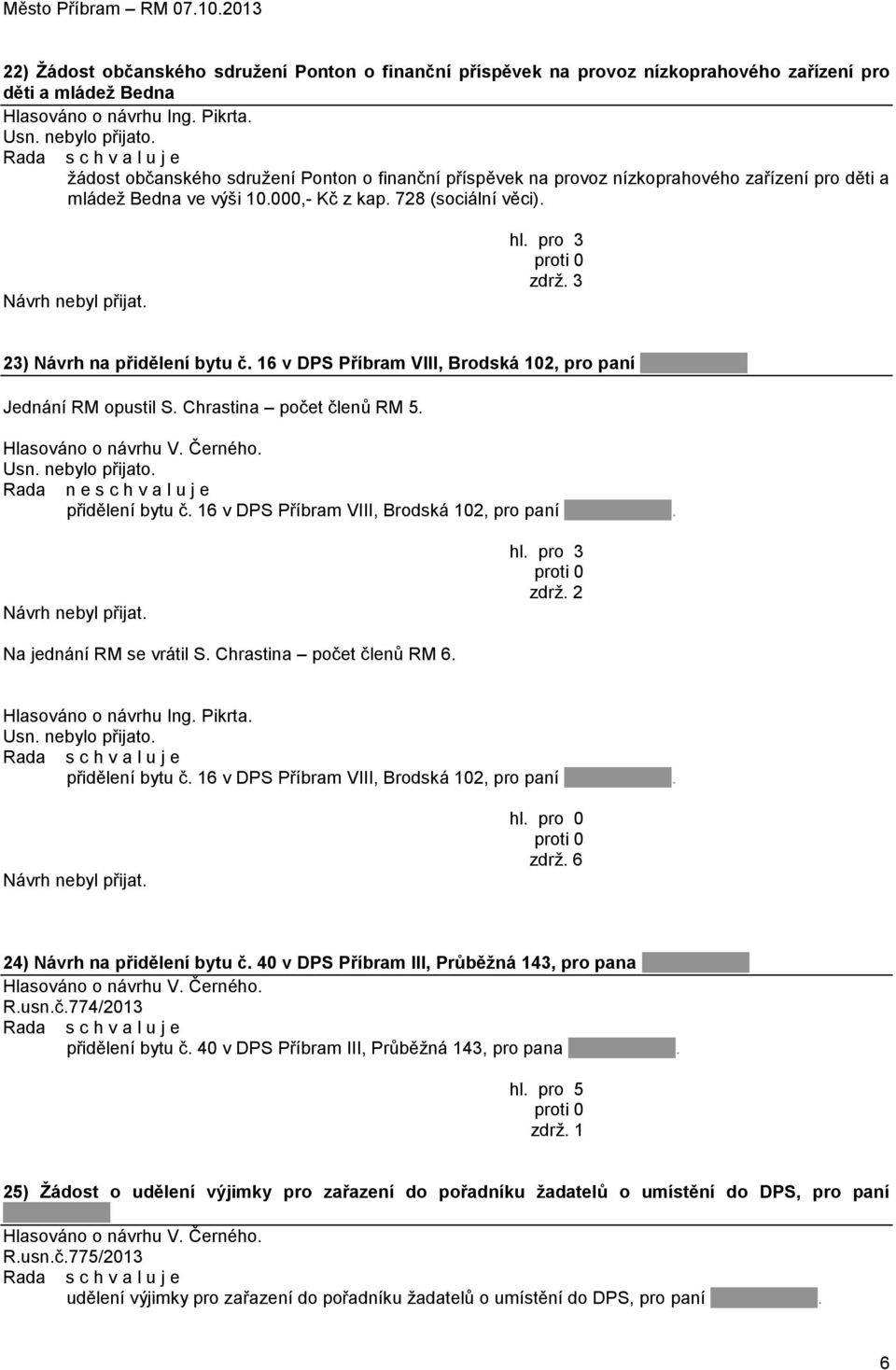3 23) Návrh na přidělení bytu č. 16 v DPS Příbram VIII, Brodská 102, pro paní Jednání RM opustil S. Chrastina počet členů RM 5. Hlasováno o návrhu V. Černého. Usn. nebylo přijato.