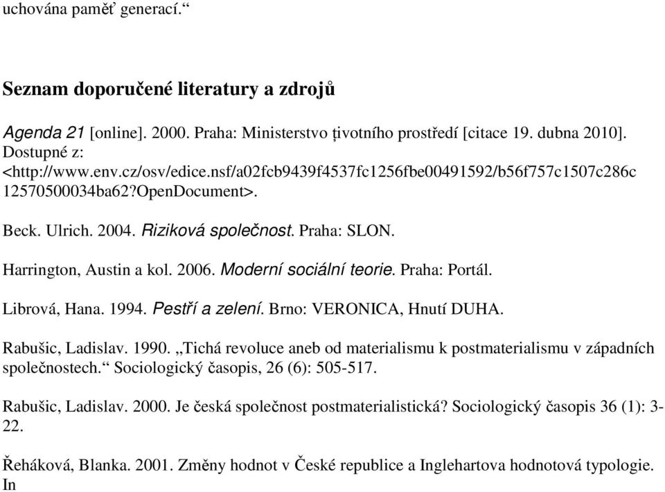 Praha: Portál. Librová, Hana. 1994. Pestří a zelení. Brno: VERONICA, Hnutí DUHA. Rabušic, Ladislav. 1990. Tichá revoluce aneb od materialismu k postmaterialismu v západních společnostech.