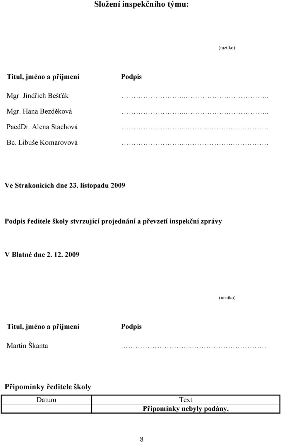 listopadu 2009 Podpis ředitele školy stvrzující projednání a převzetí inspekční zprávy V Blatné dne 2. 12.