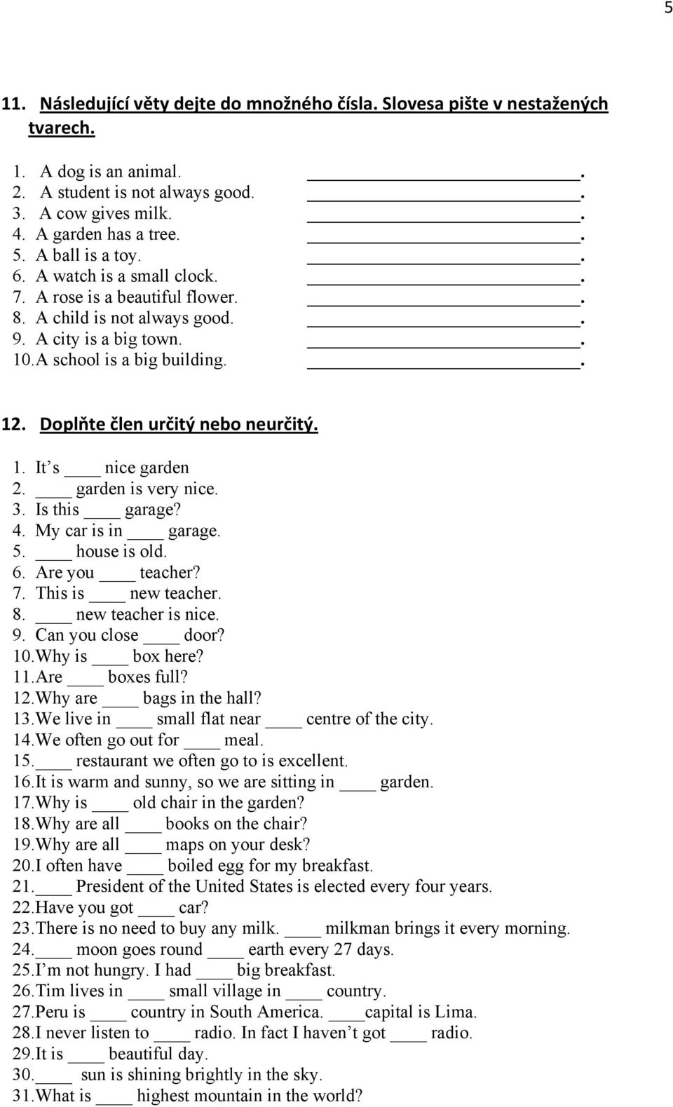 Doplňte člen určitý nebo neurčitý. 1. It s nice garden 2. garden is very nice. 3. Is this garage? 4. My car is in garage. 5. house is old. 6. Are you teacher? 7. This is new teacher. 8.