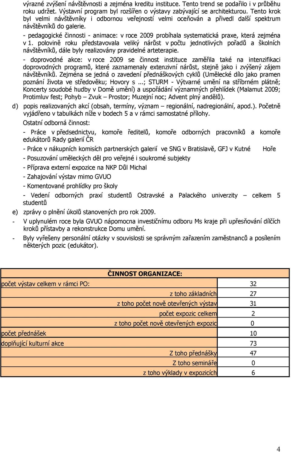 - pedagogické činnosti - animace: v roce 2009 probíhala systematická praxe, která zejména v 1.