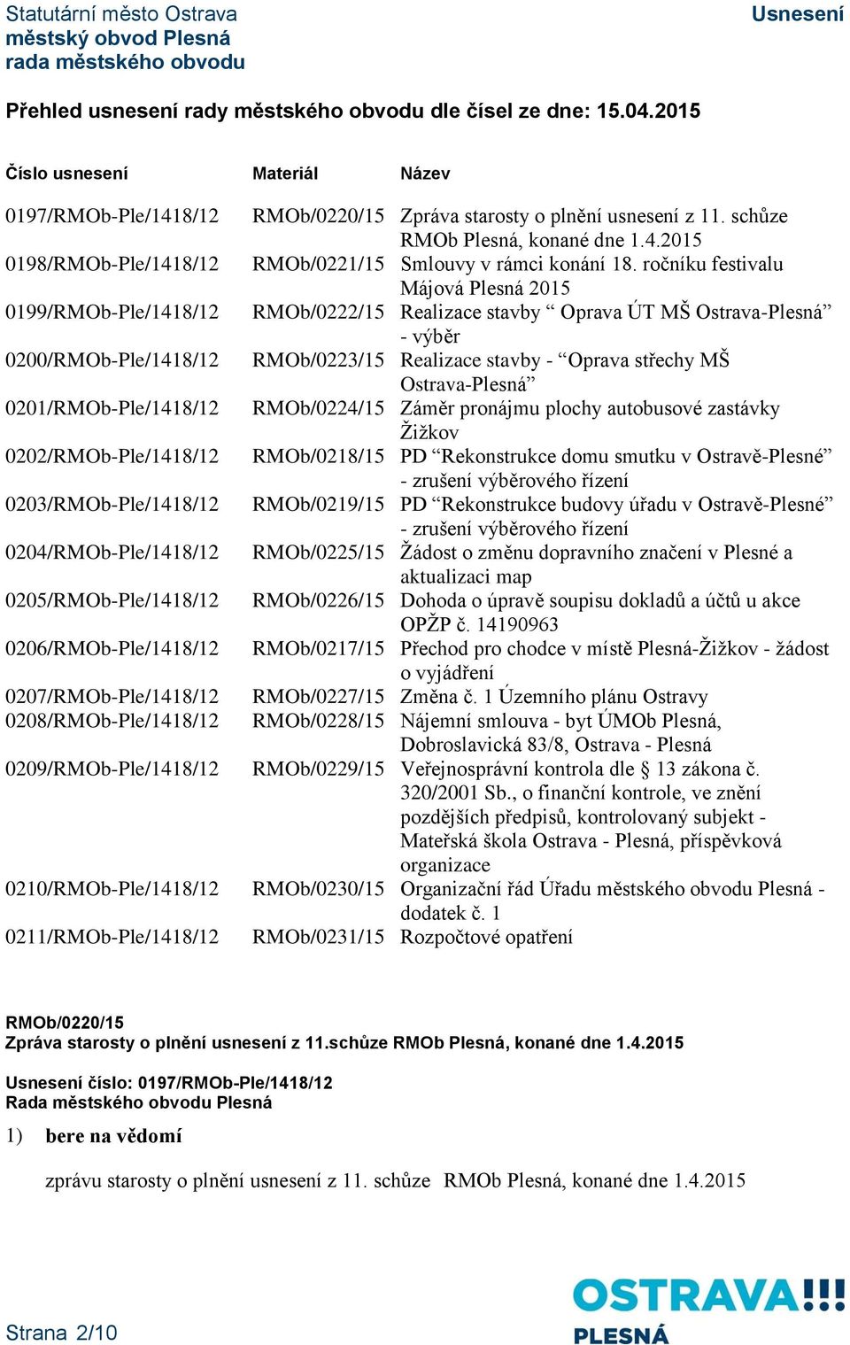 0204/RMOb-Ple/1418/12 0205/RMOb-Ple/1418/12 0206/RMOb-Ple/1418/12 0207/RMOb-Ple/1418/12 0208/RMOb-Ple/1418/12 RMOb/0220/15 Zpráva starosty o plnění usnesení z 11. schůze RMOb Plesná, konané dne 1.4.2015 RMOb/0221/15 Smlouvy v rámci konání 18.