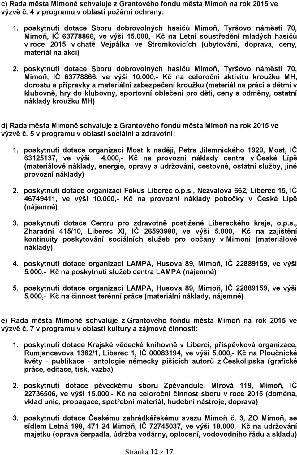 000,- Kč na Letní soustředění mladých hasičů v roce 2015 v chatě Vejpálka ve Stromkovicích (ubytování, doprava, ceny, materiál na akci) 2.