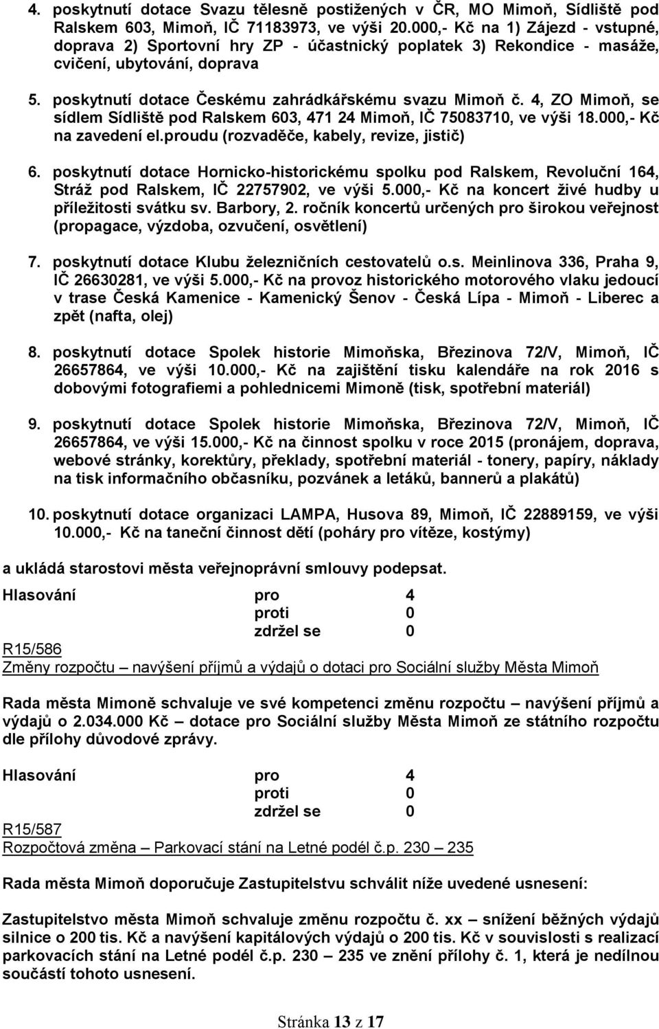 4, ZO Mimoň, se sídlem Sídliště pod Ralskem 603, 471 24 Mimoň, IČ 75083710, ve výši 18.000,- Kč na zavedení el.proudu (rozvaděče, kabely, revize, jistič) 6.