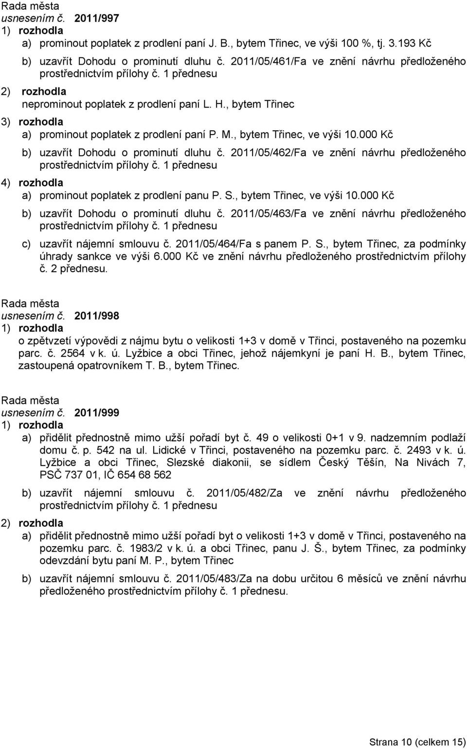 , bytem Třinec, ve výši 10.000 Kč b) uzavřít Dohodu o prominutí dluhu č. 2011/05/462/Fa ve znění návrhu předloženého prostřednictvím přílohy č.