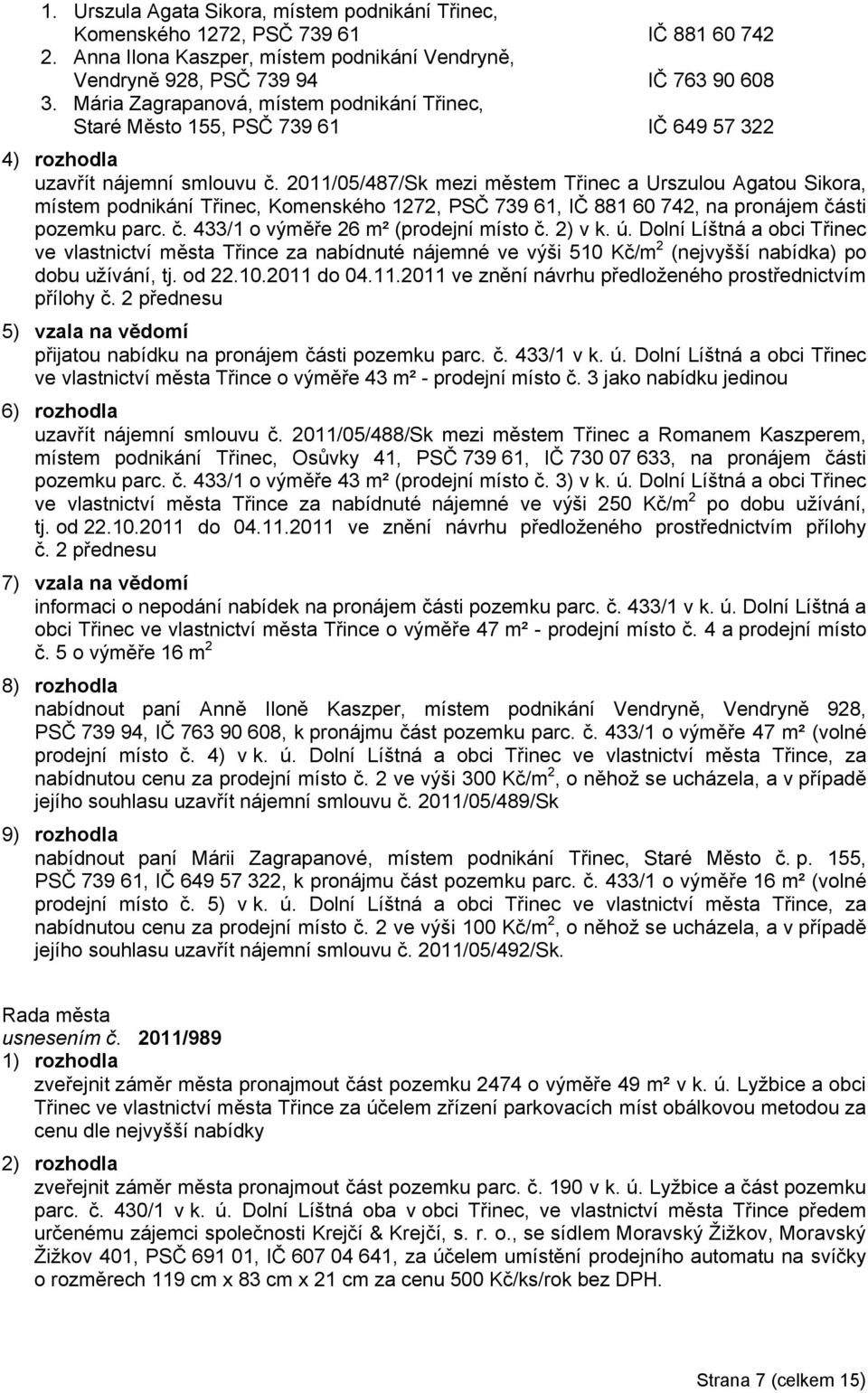 2011/05/487/Sk mezi městem Třinec a Urszulou Agatou Sikora, místem podnikání Třinec, Komenského 1272, PSČ 739 61, IČ 881 60 742, na pronájem části pozemku parc. č. 433/1 o výměře 26 m² (prodejní místo č.