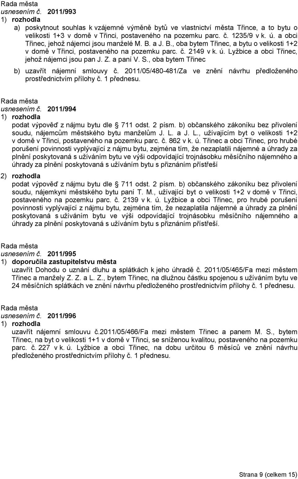 Lyžbice a obci Třinec, jehož nájemci jsou pan J. Z. a paní V. S., oba bytem Třinec b) uzavřít nájemní smlouvy č. 2011/05/480-481/Za ve znění návrhu předloženého prostřednictvím přílohy č. 1 přednesu.