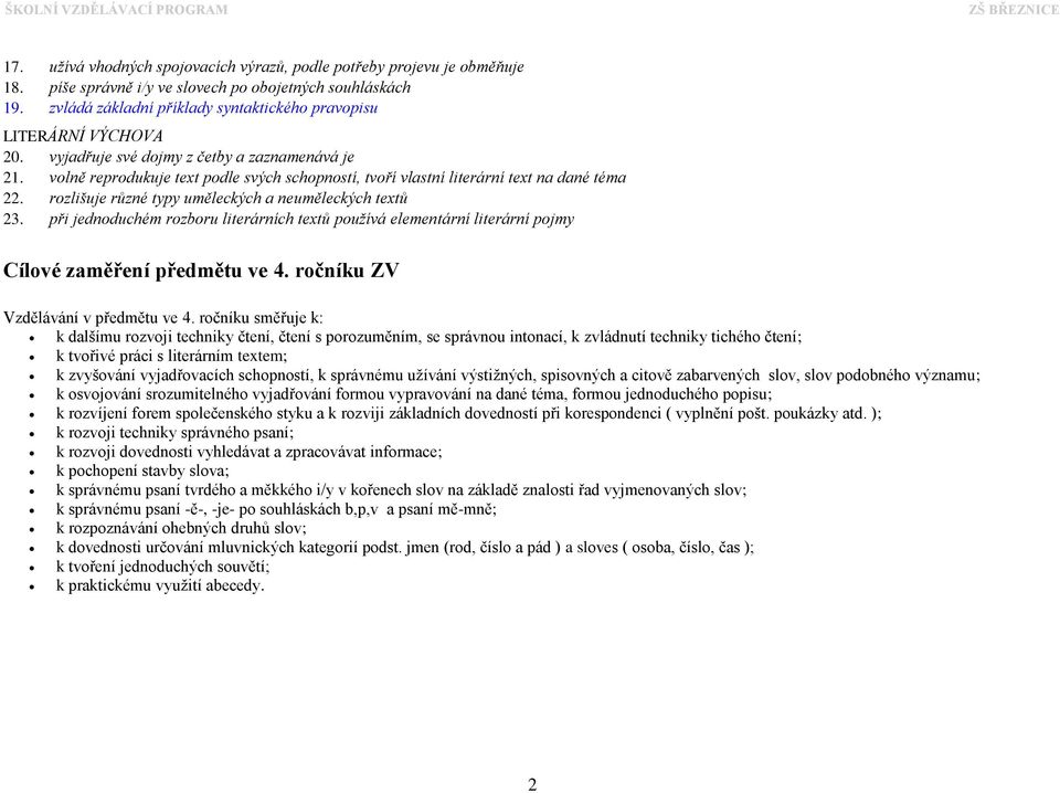 volně reprodukuje text podle svých schopností, tvoří vlastní literární text na dané téma 22. rozlišuje různé typy uměleckých a neuměleckých textů 23.