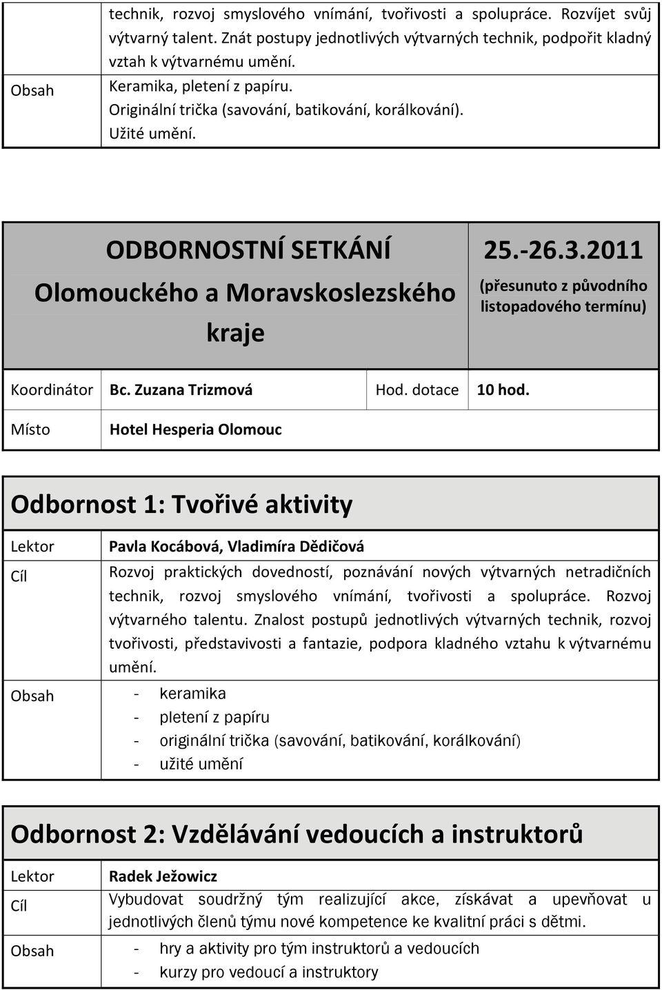 2011 (přesunuto z původního listopadového termínu) Koordinátor Bc. Zuzana Trizmová Hod. dotace 10 hod.