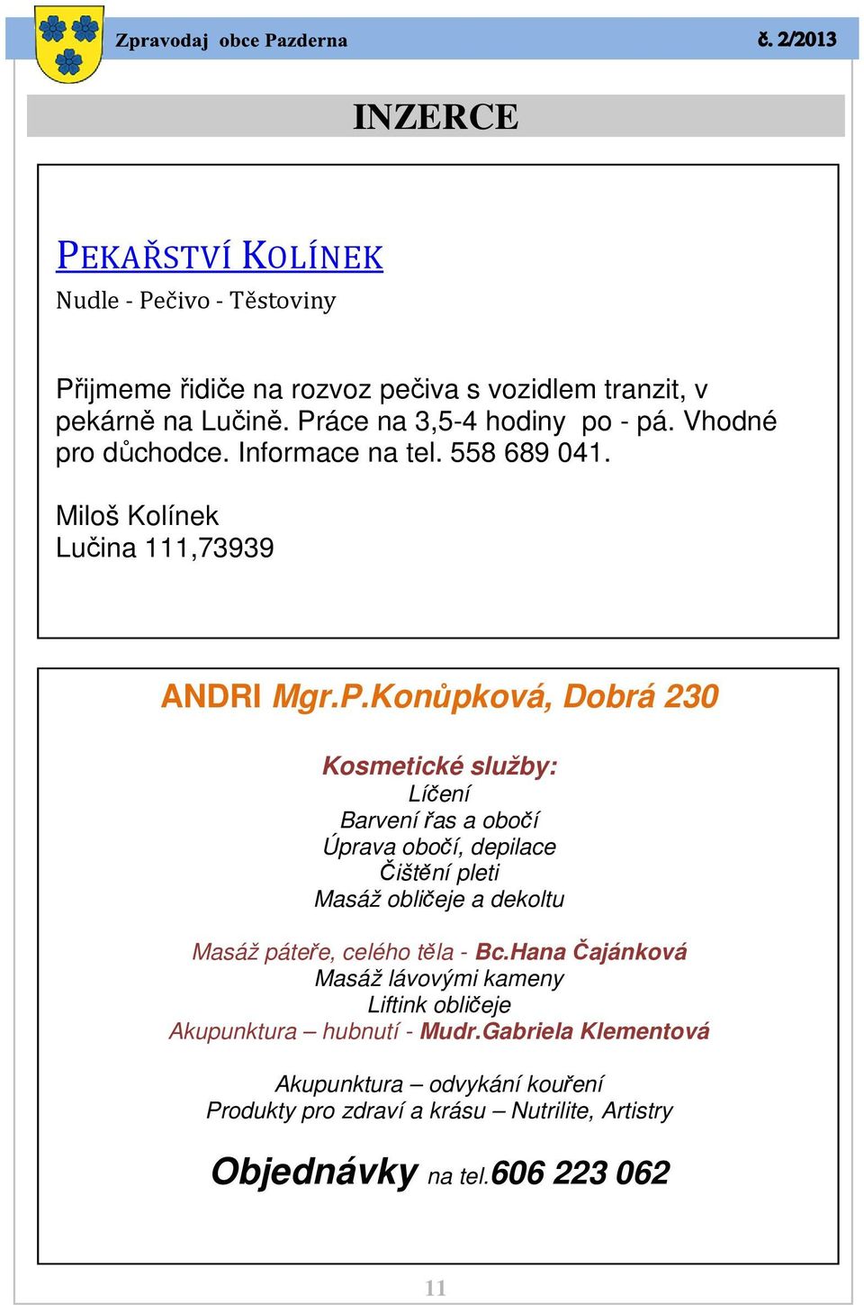 Kosmetické služby: Líčení Barvení řas a obočí Úprava obočí, depilace Čištění pleti Masáž obličeje a dekoltu Masáž páteře, celého těla - Bc.