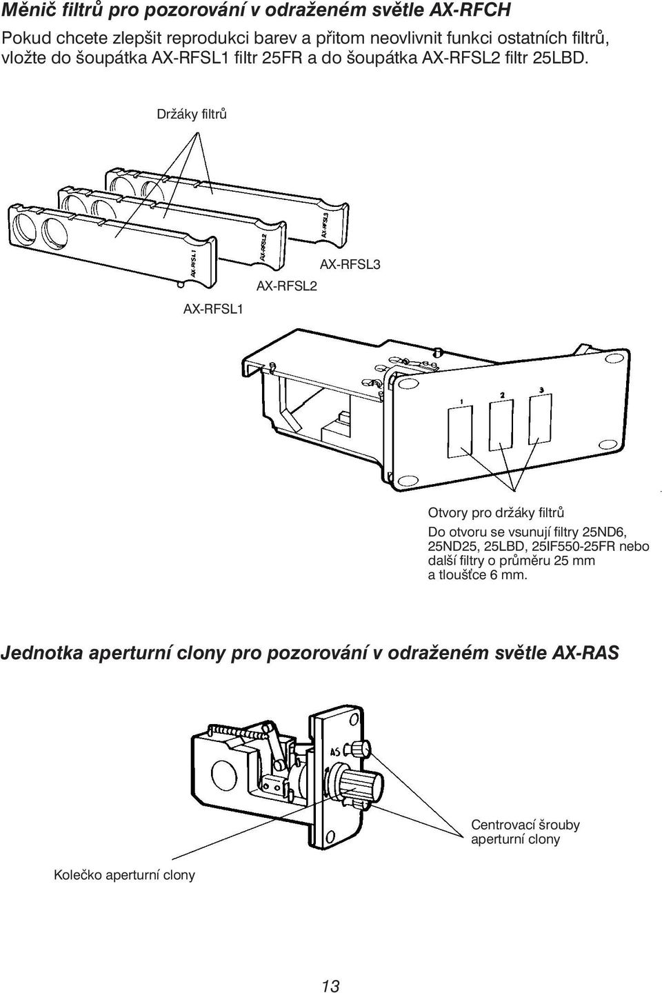 Držáky filtrů AX-RFSL1 AX-RFSL2 AX-RFSL3 Otvory pro držáky filtrů Do otvoru se vsunují filtry 25ND6, 25ND25, 25LBD, 25IF550-25FR